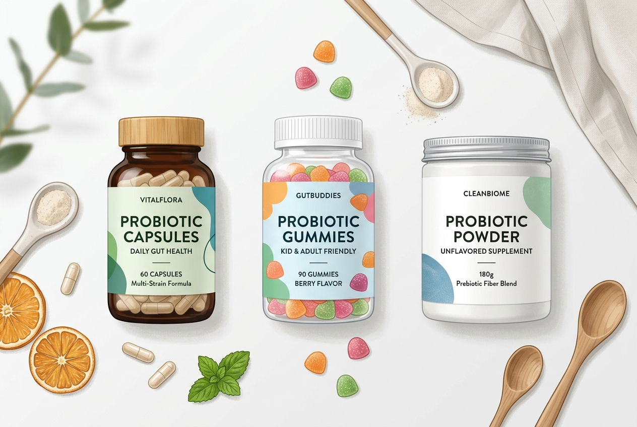 Three probiotic supplement formats side by side -- capsules gummies and powder