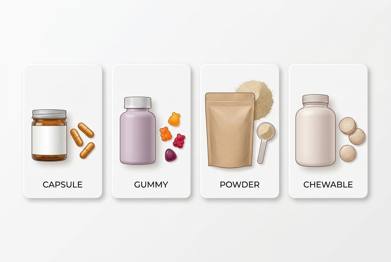 Four probiotic supplement formats compared by capsule, gummy, powder, and chewable serving type.