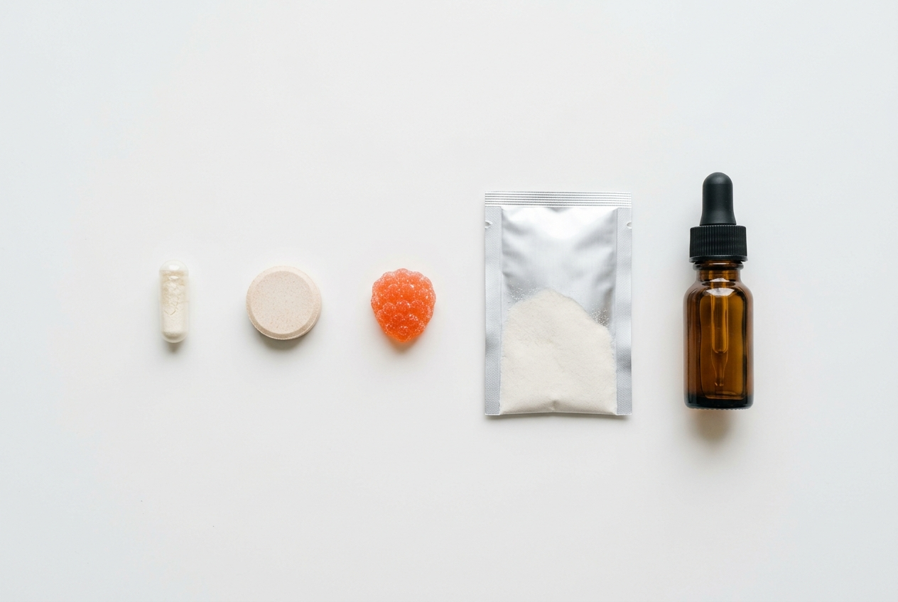 Different probiotic supplement formats including capsules, gummies, tablets, powder, and liquid for comparison