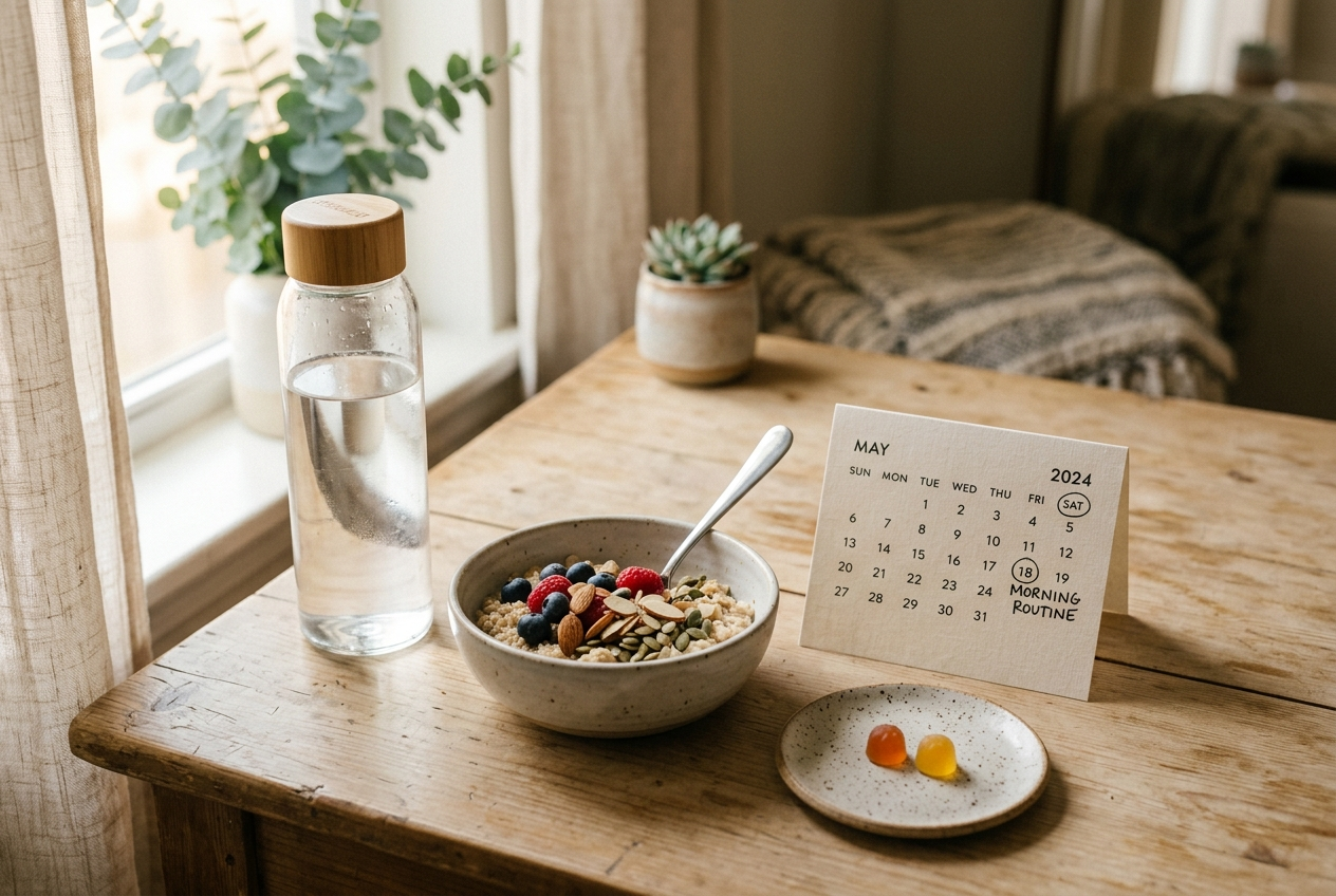 A low-friction morning supplement routine with two probiotic gummies and breakfast items.