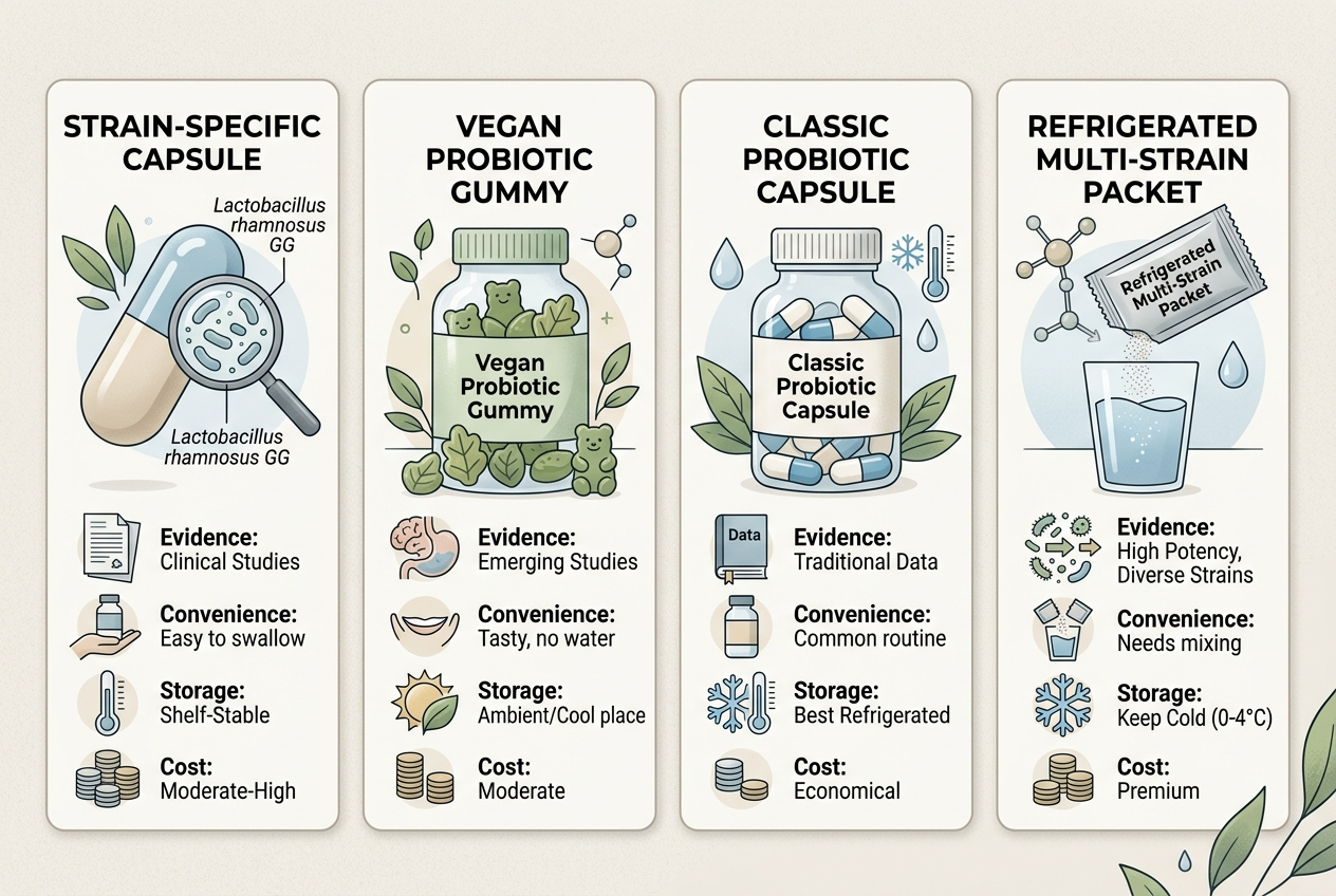 Comparison graphic showing probiotic capsules, gummies, and refrigerated multi-strain options by evidence, convenience, storage, and cost.