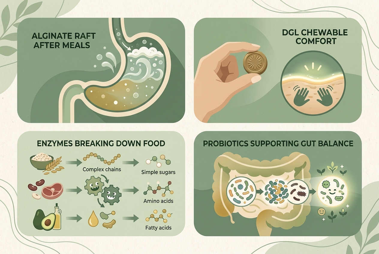Infographic comparing alginate, DGL licorice, digestive enzymes, and probiotics by digestive support mechanism.