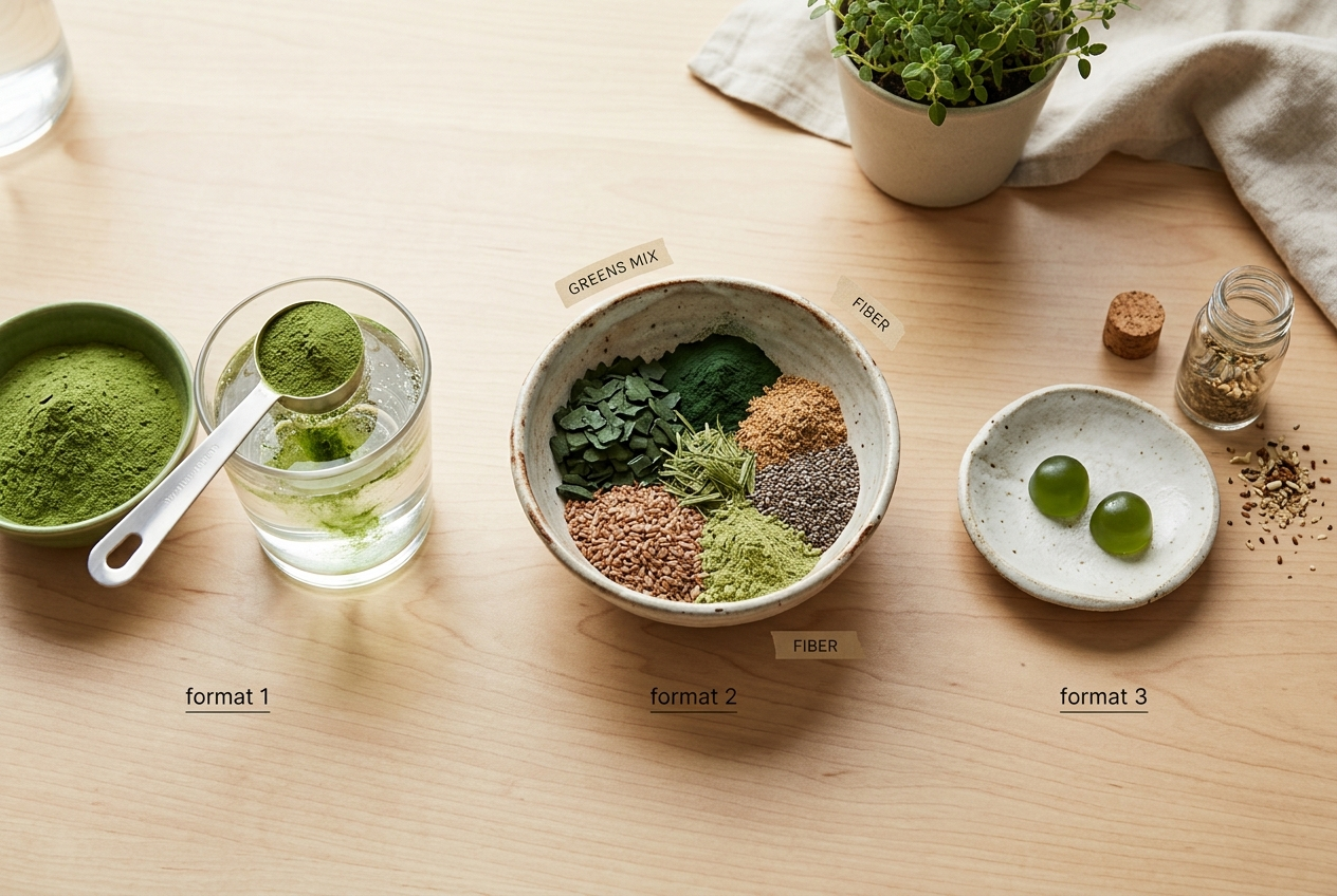 Green powder, simple greens ingredients, and probiotic gummies shown as different digestive-support supplement formats.
