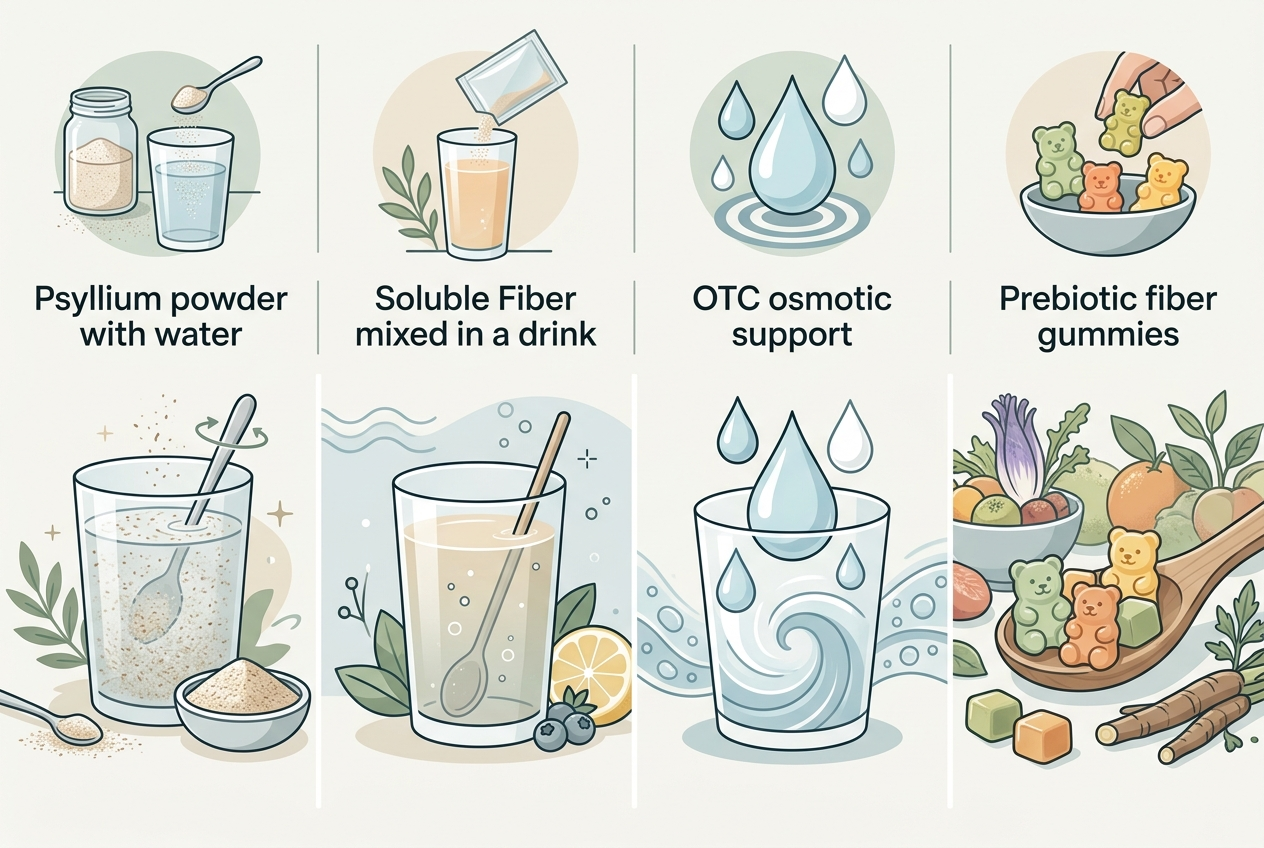 Visual comparison of common constipation-support formats including psyllium, soluble fiber, osmotic support, and prebiotic fiber gummies.