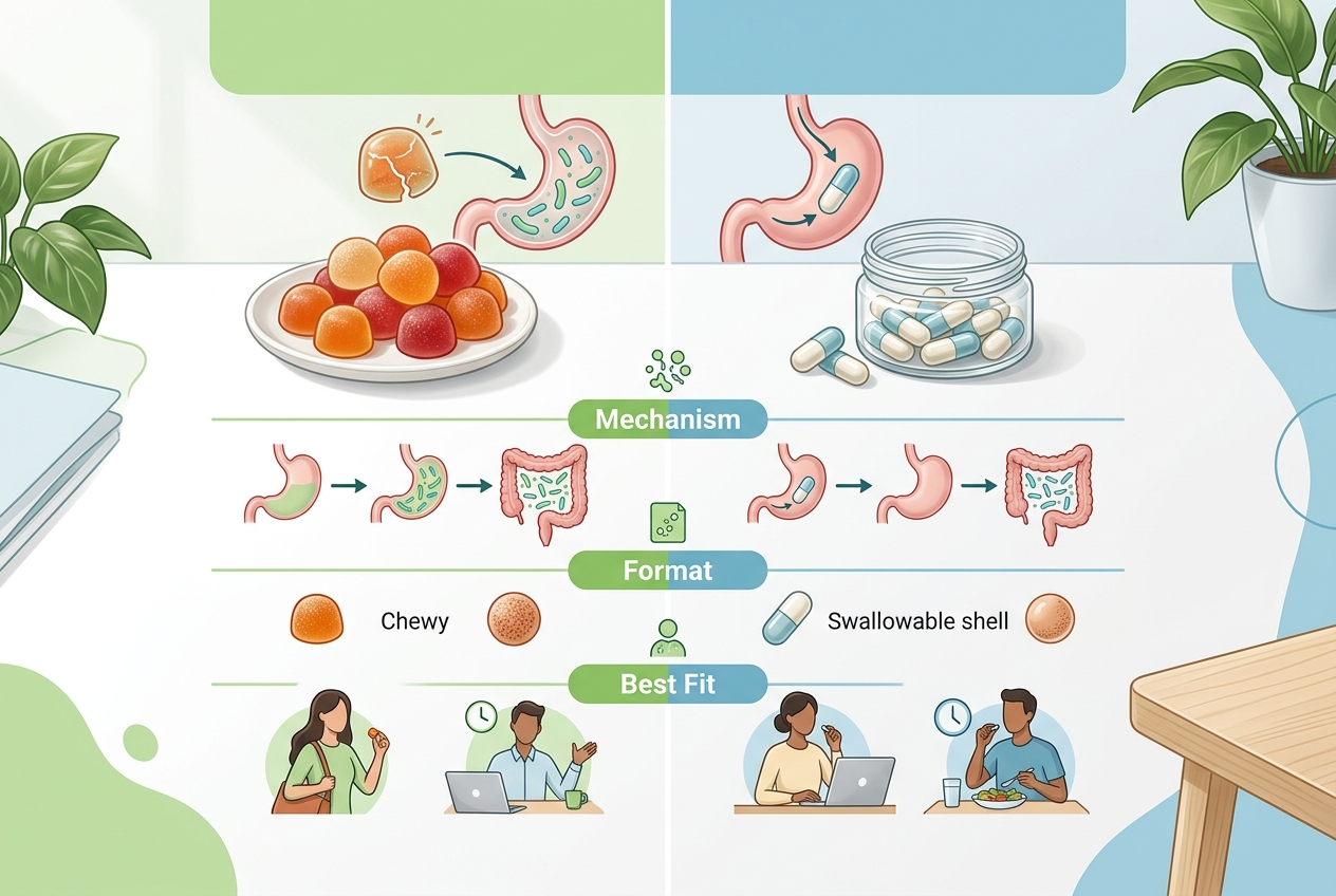 Probiotic comparison graphic showing mechanism, format, and best-fit criteria.