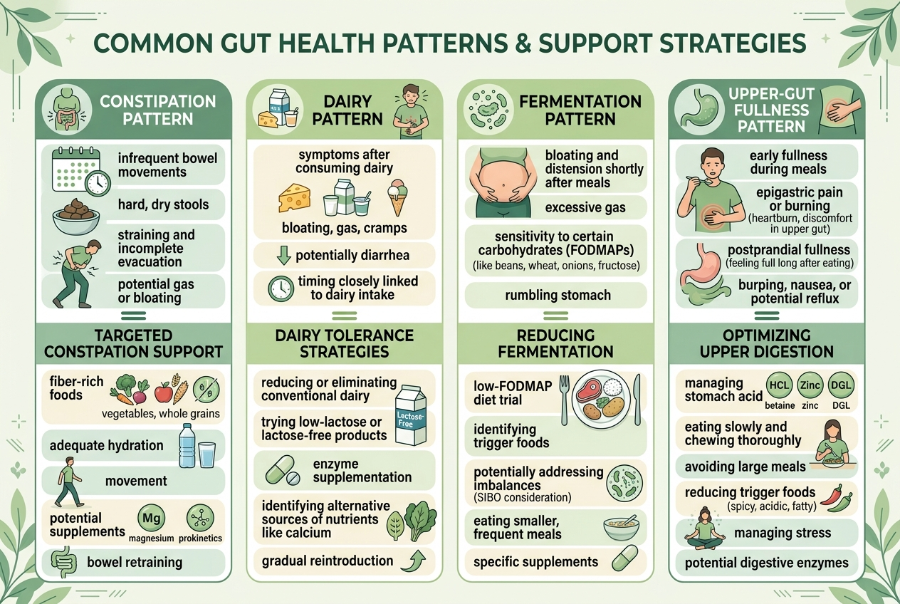 Infographic matching daily bloating patterns to fiber, lactase, probiotic, and upper-gut support categories.