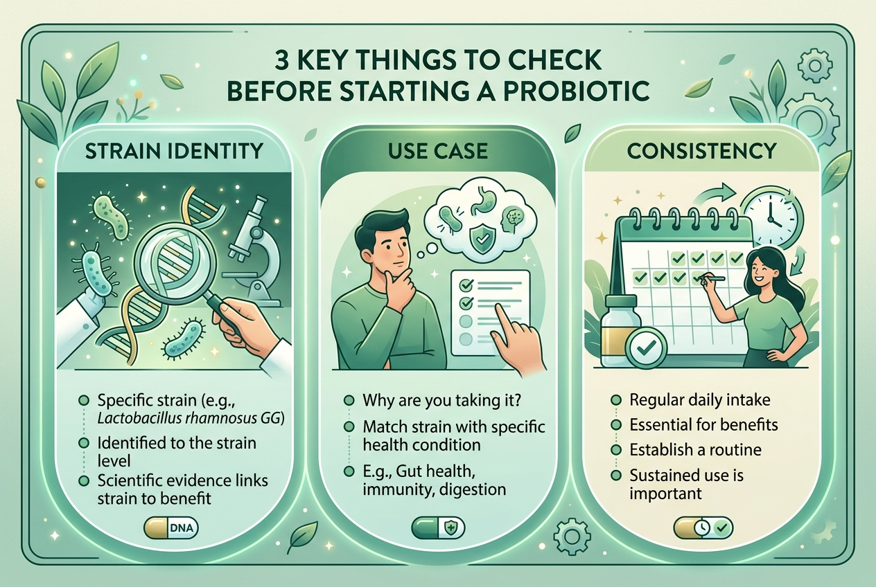 Infographic showing strain identity, intended use, and consistency as the main probiotic buying checks.