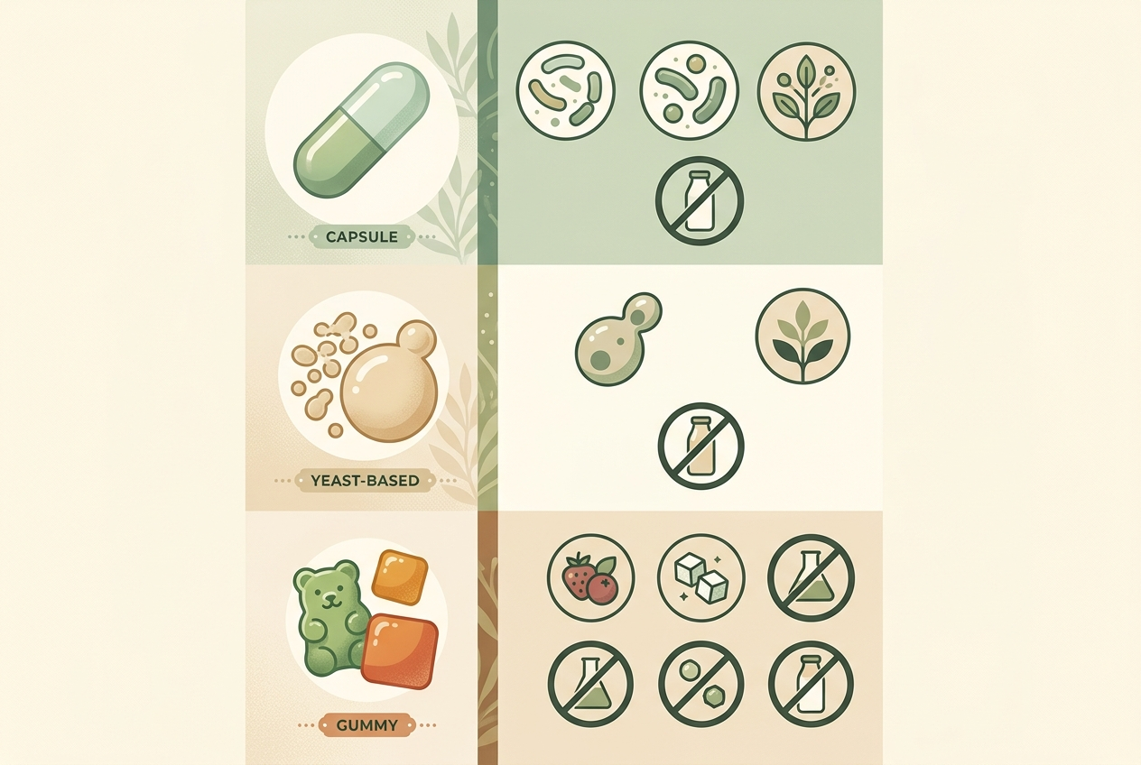 Graphic comparing probiotic formats for people shopping with lactose intolerance in mind.