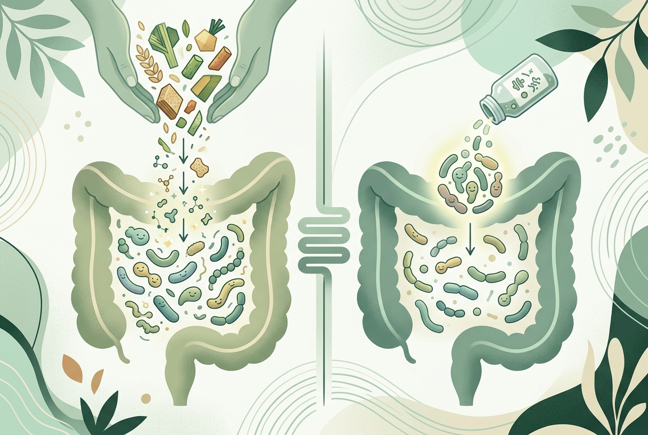 Illustration showing the functional difference between prebiotics and probiotics.