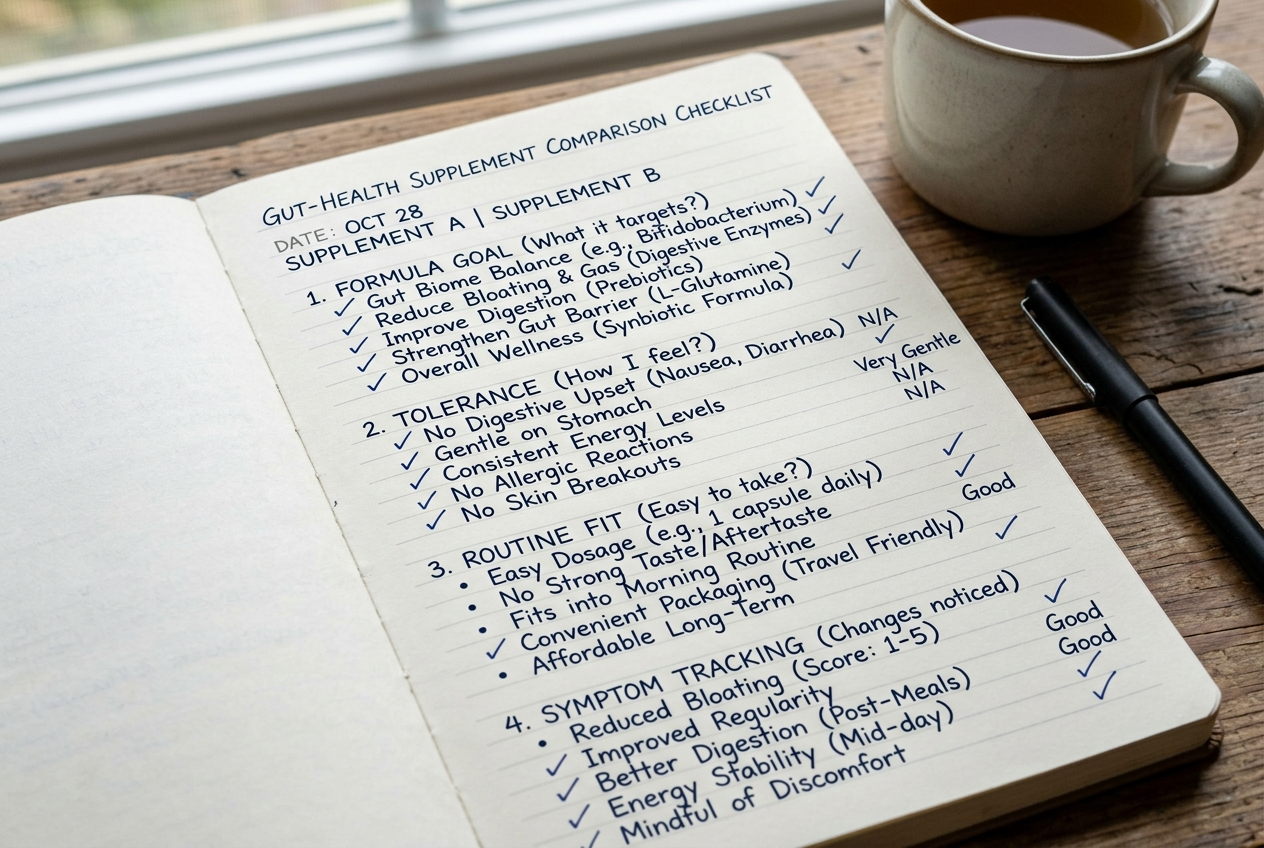 Comparison checklist for evaluating gut-health supplements by formula goal and routine fit