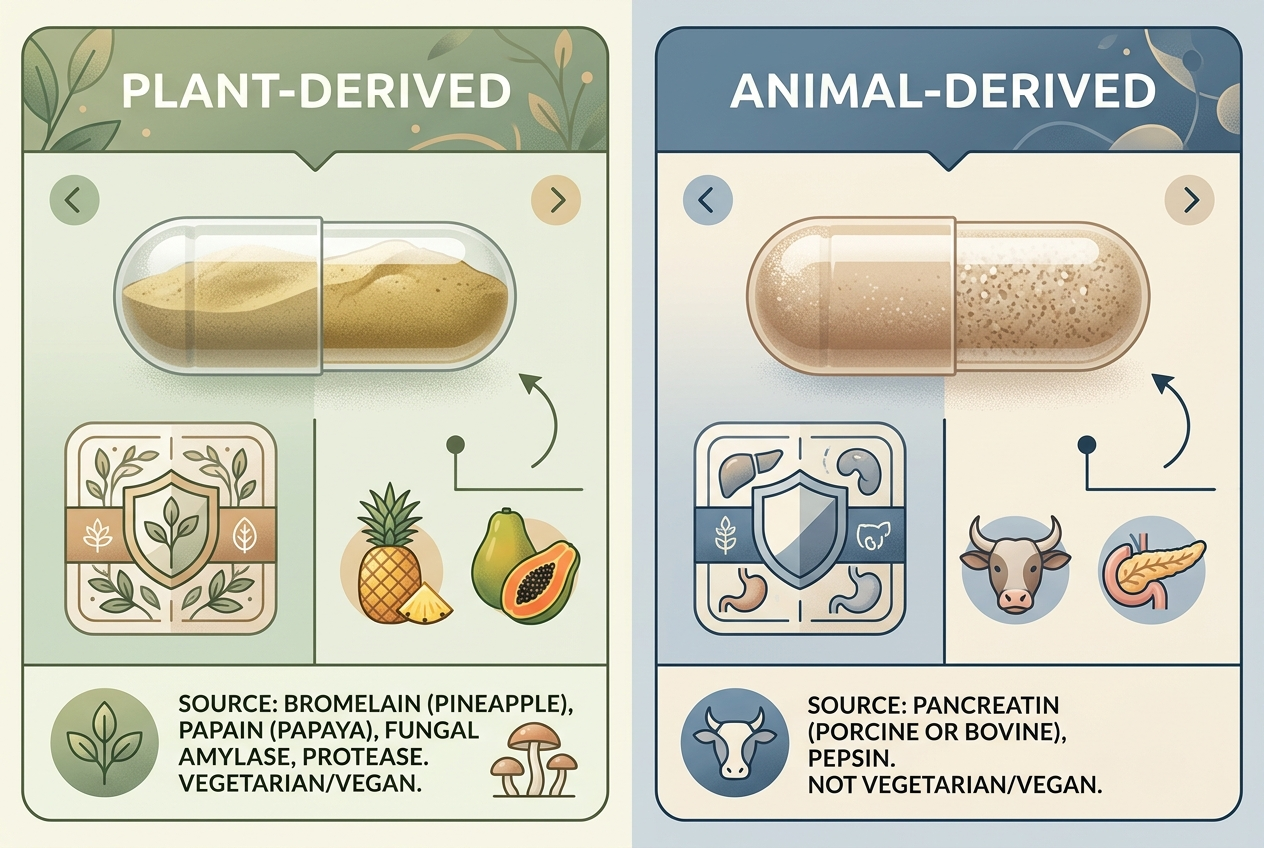 Visual comparison of plant-derived and animal-derived DAO supplement formats with sourcing notes.