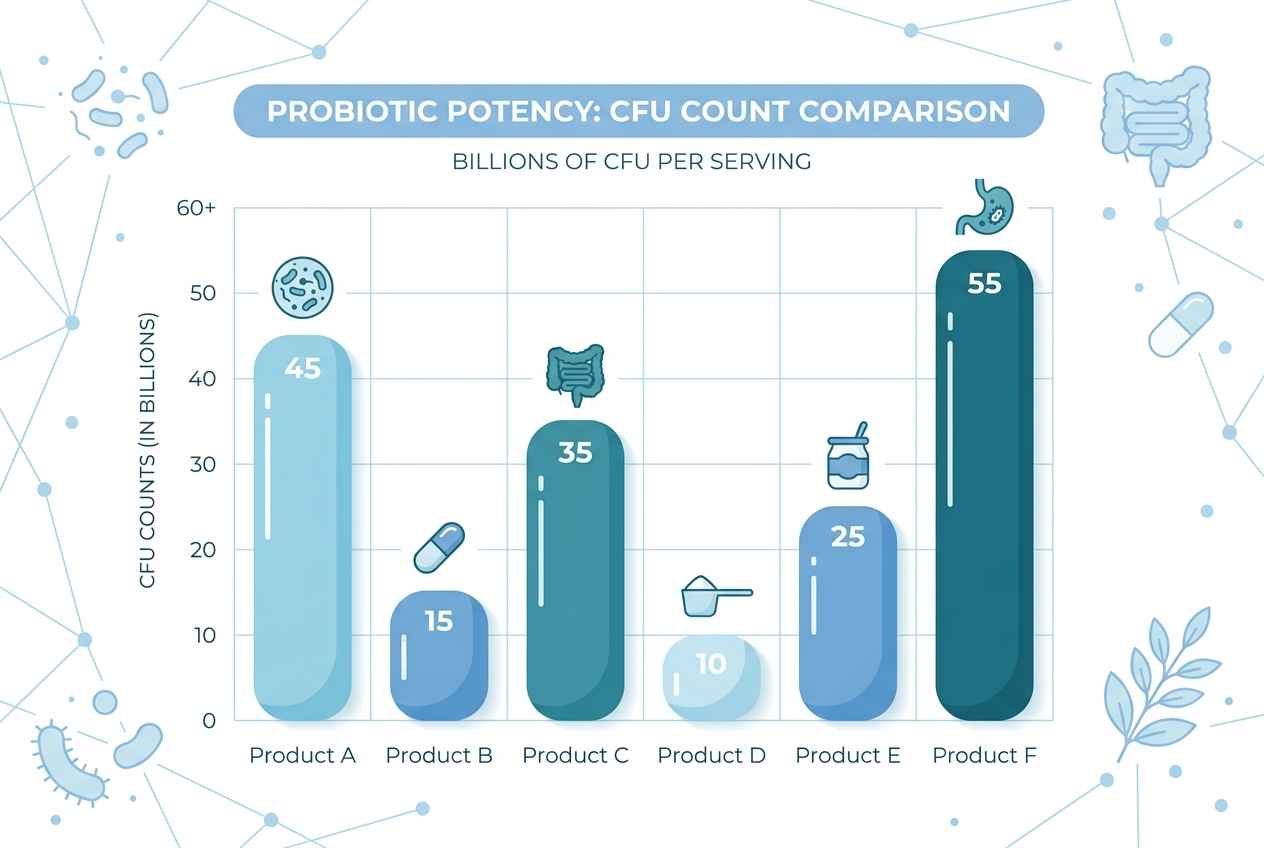 Comparison chart of daily probiotic CFU doses across popular products from 1 billion to 85 billion CFU