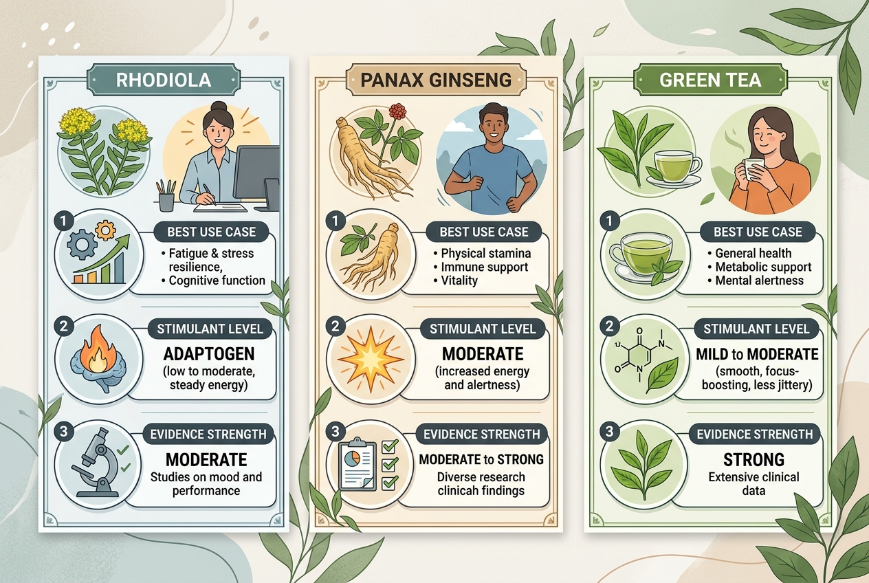Comparison graphic of rhodiola, Panax ginseng, and green tea for energy and focus.