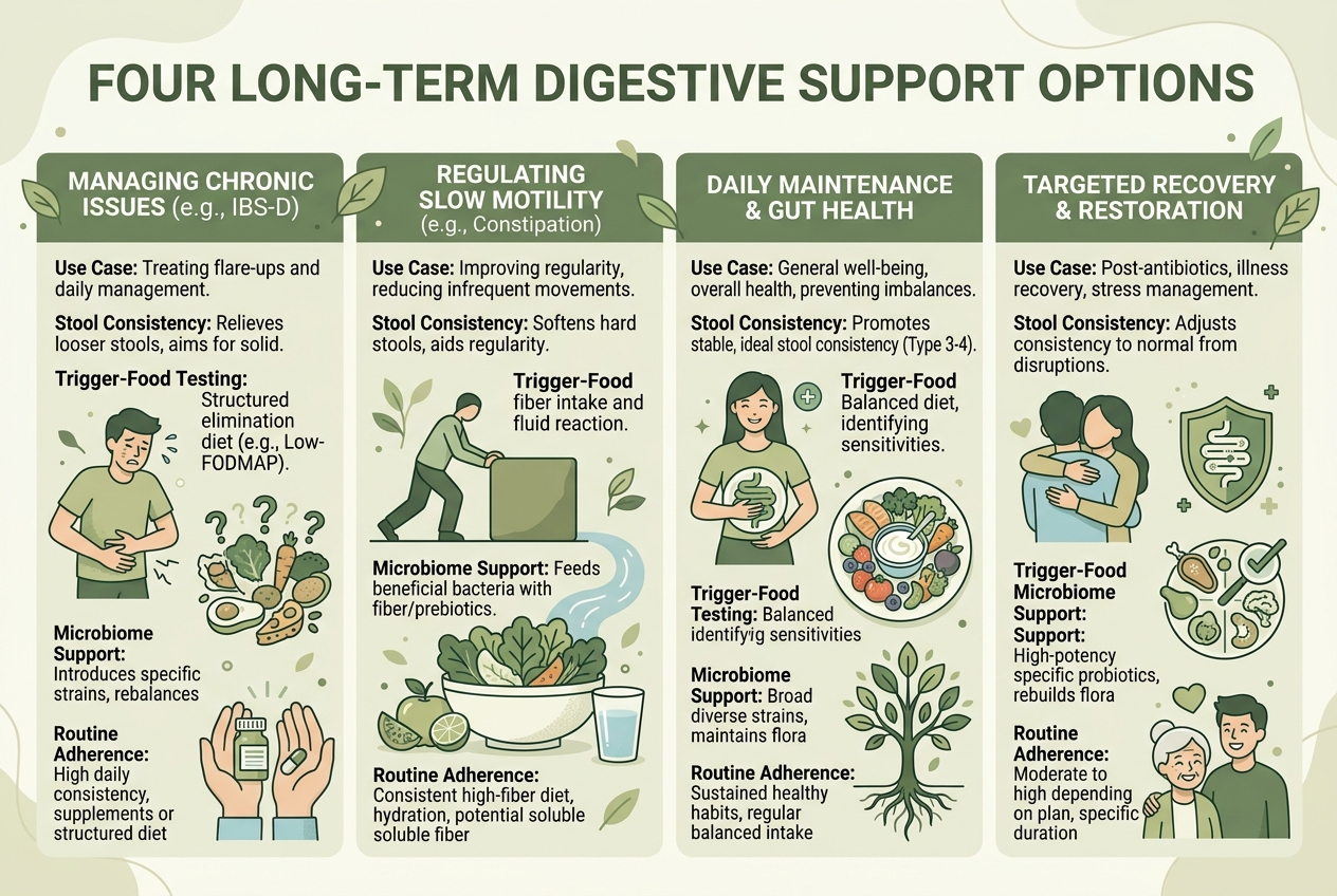 Graphic comparing which long-term IBS support option fits which everyday pattern.