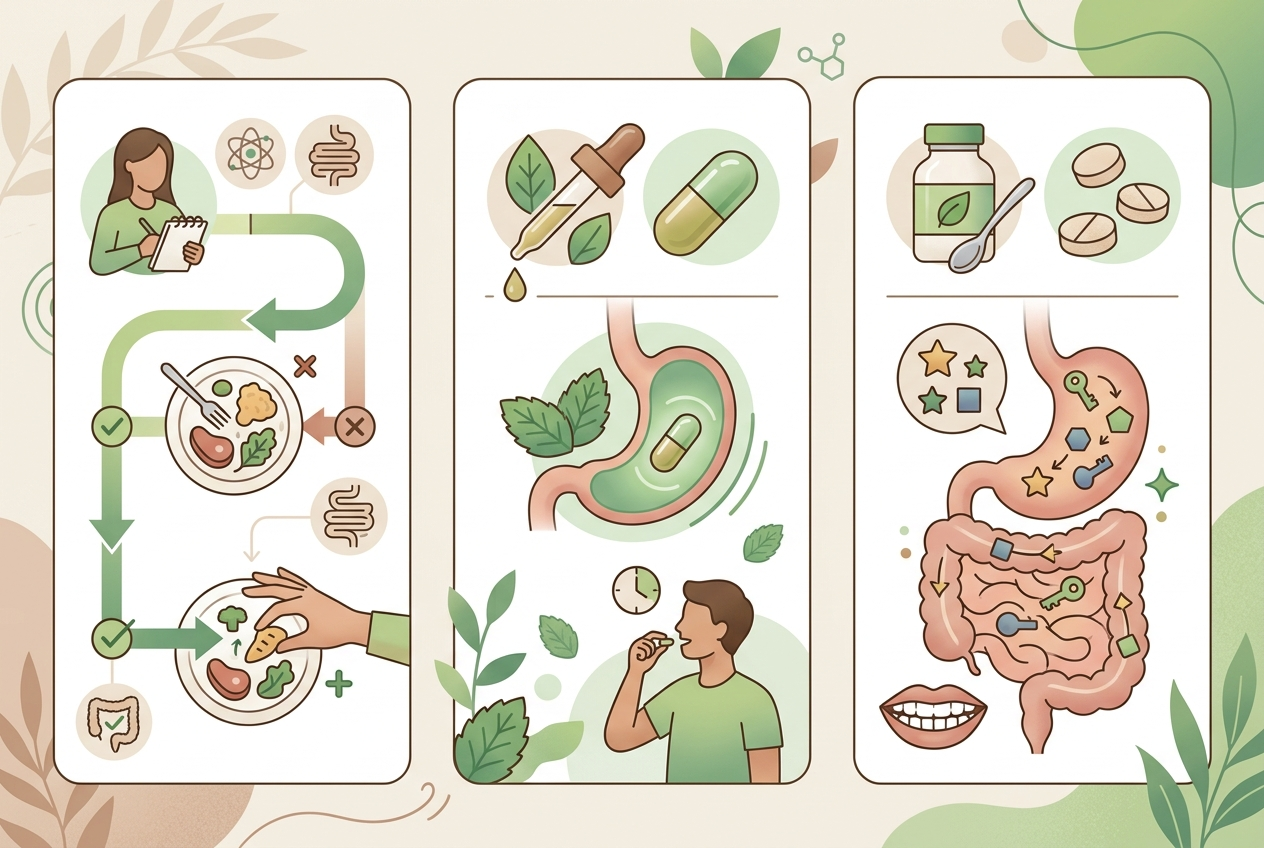 Comparison graphic showing elimination diet reintroduction, peppermint oil capsules, and digestive enzyme support options.