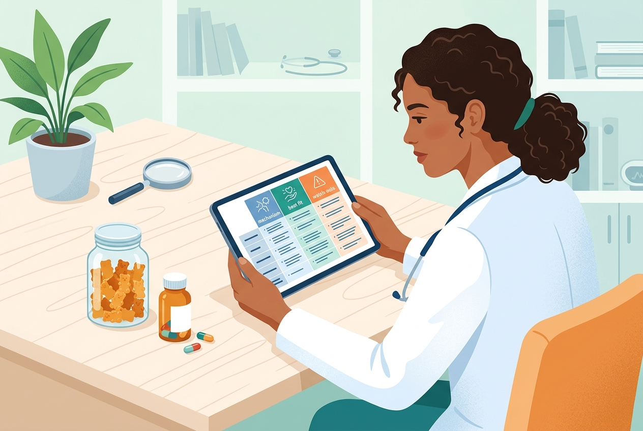 Person comparing digestive supplement options using a chart with mechanism and best-fit criteria