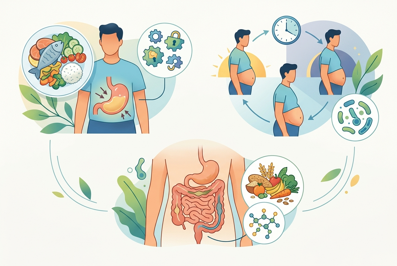 Visual guide matching probiotics, enzymes, and fiber to different gas and bloating patterns