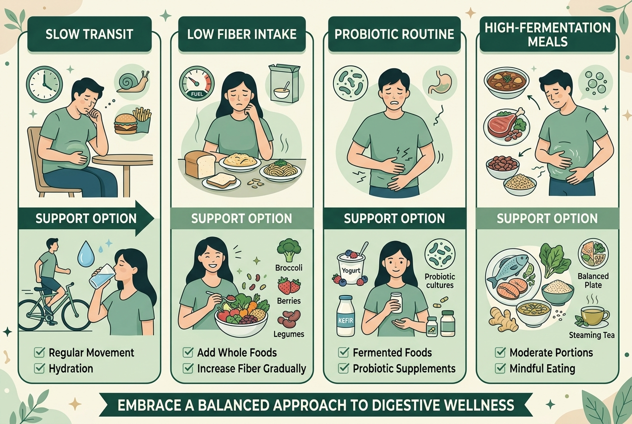 Infographic matching constipation and bloating patterns to common daily support options.