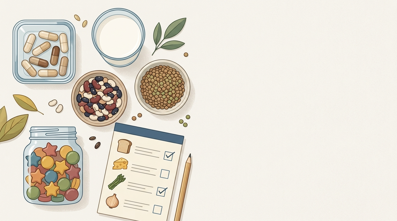 Digestive enzyme capsules, trigger foods, and gummies arranged for a bloating support comparison