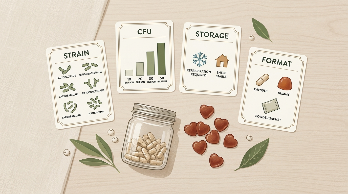 Probiotic capsules and gummies arranged with comparison cards for strain, CFU, storage, and format.
