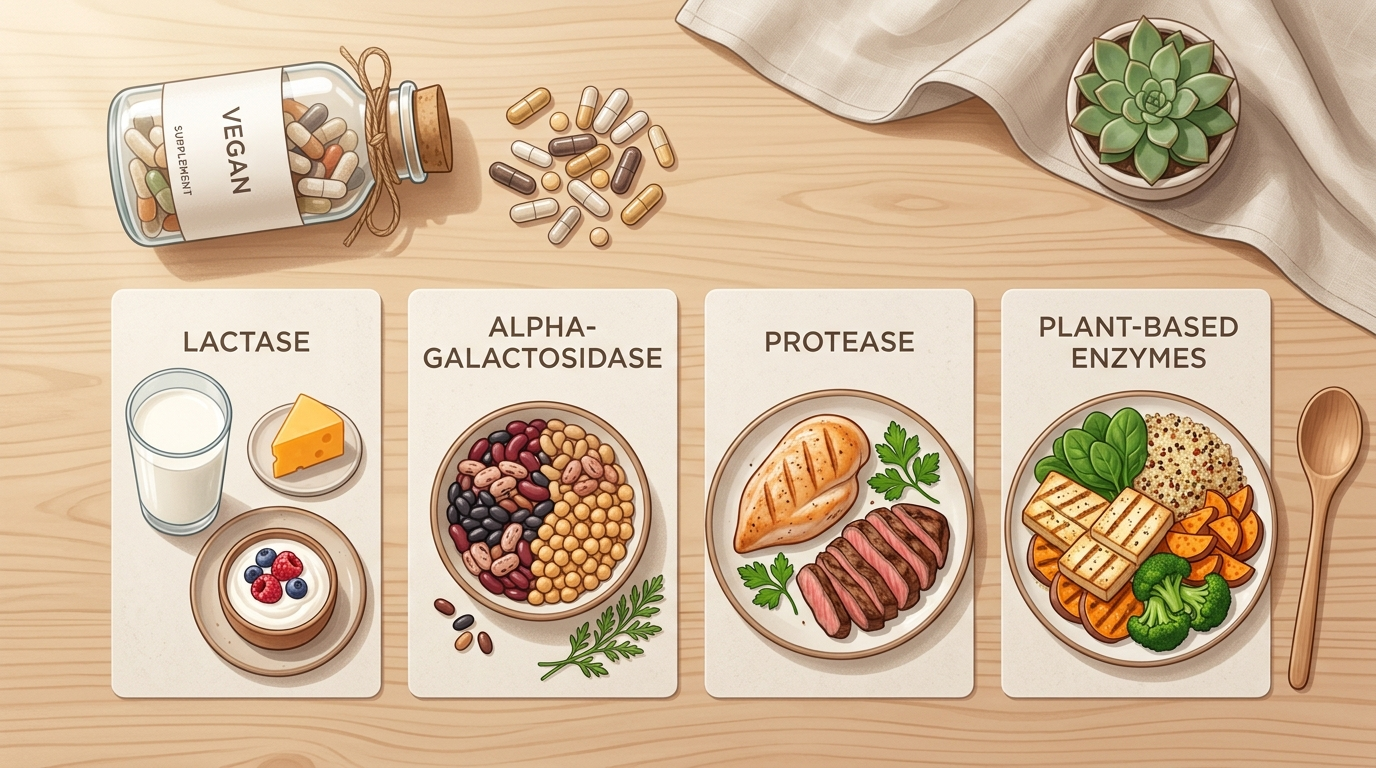 Digestive enzyme comparison flat lay with dairy, beans, mixed meal, capsules, and enzyme category cards.