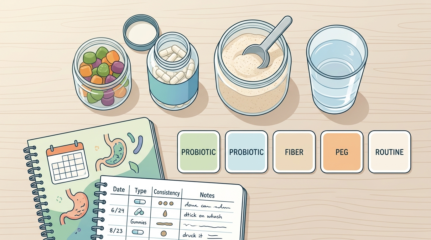 Constipation support comparison flat lay with probiotic gummies, capsules, psyllium fiber, water, and tracking notes.