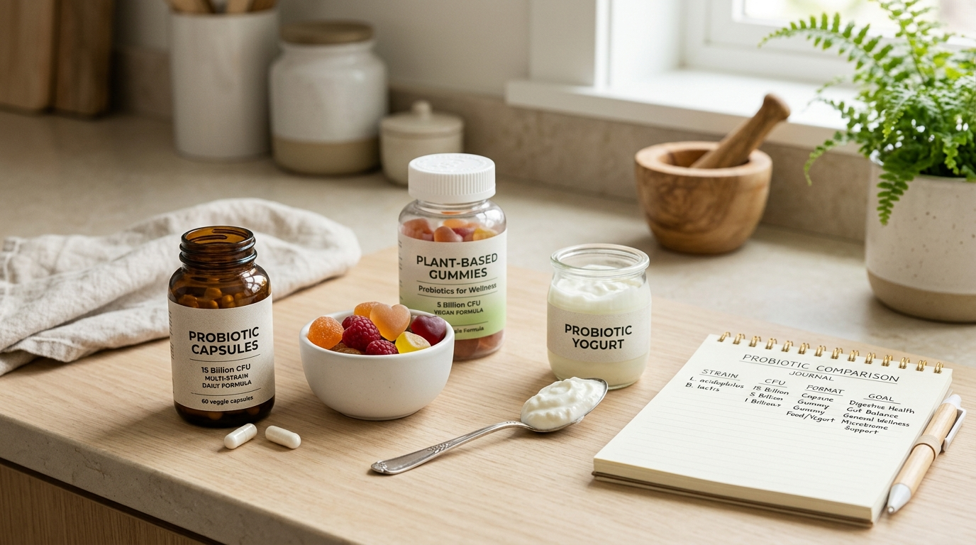 Probiotic gummies, capsules, yogurt, and a comparison checklist for strain, CFU, format, and gut-health goal.