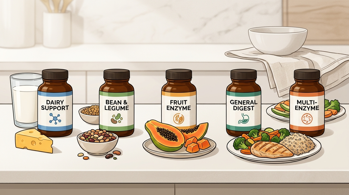 Digestive Enzymes for Bloating: Lactase, Alpha-Galactosidase, Papaya Enzymes, and Yuve Compared