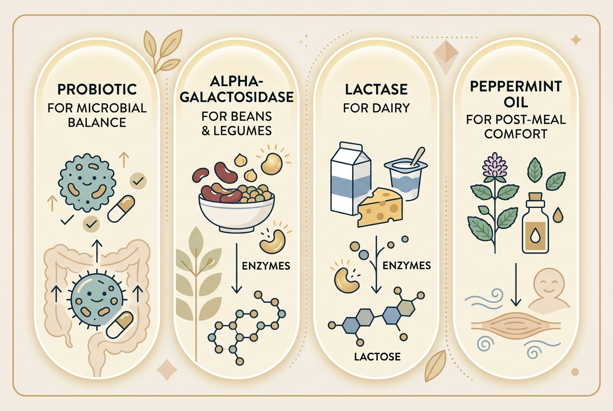 Infographic comparing probiotic, alpha-galactosidase, lactase, and peppermint oil use cases for bloating support.