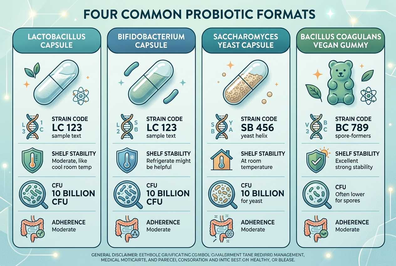 Visual comparison of probiotic capsules, yeast probiotic, and vegan gummy formats with strain and storage icons.