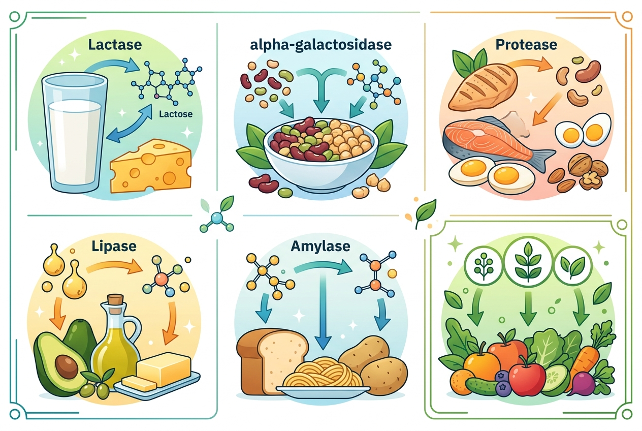 Infographic matching digestive enzymes to lactose, beans, protein, fat, starch, and plant-based digestive routines.