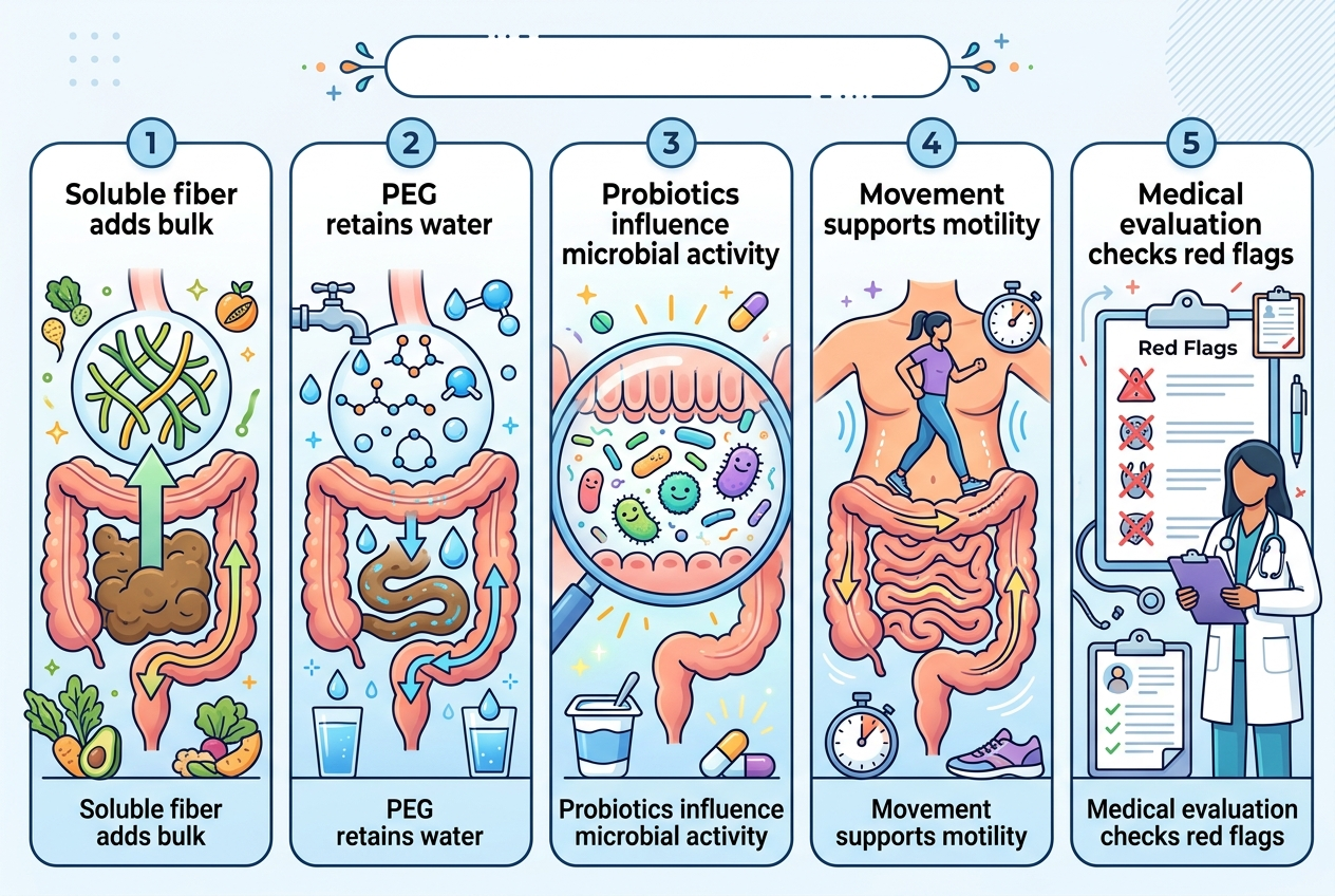 Infographic comparing fiber, PEG, probiotics, movement, and medical evaluation for constipation support.