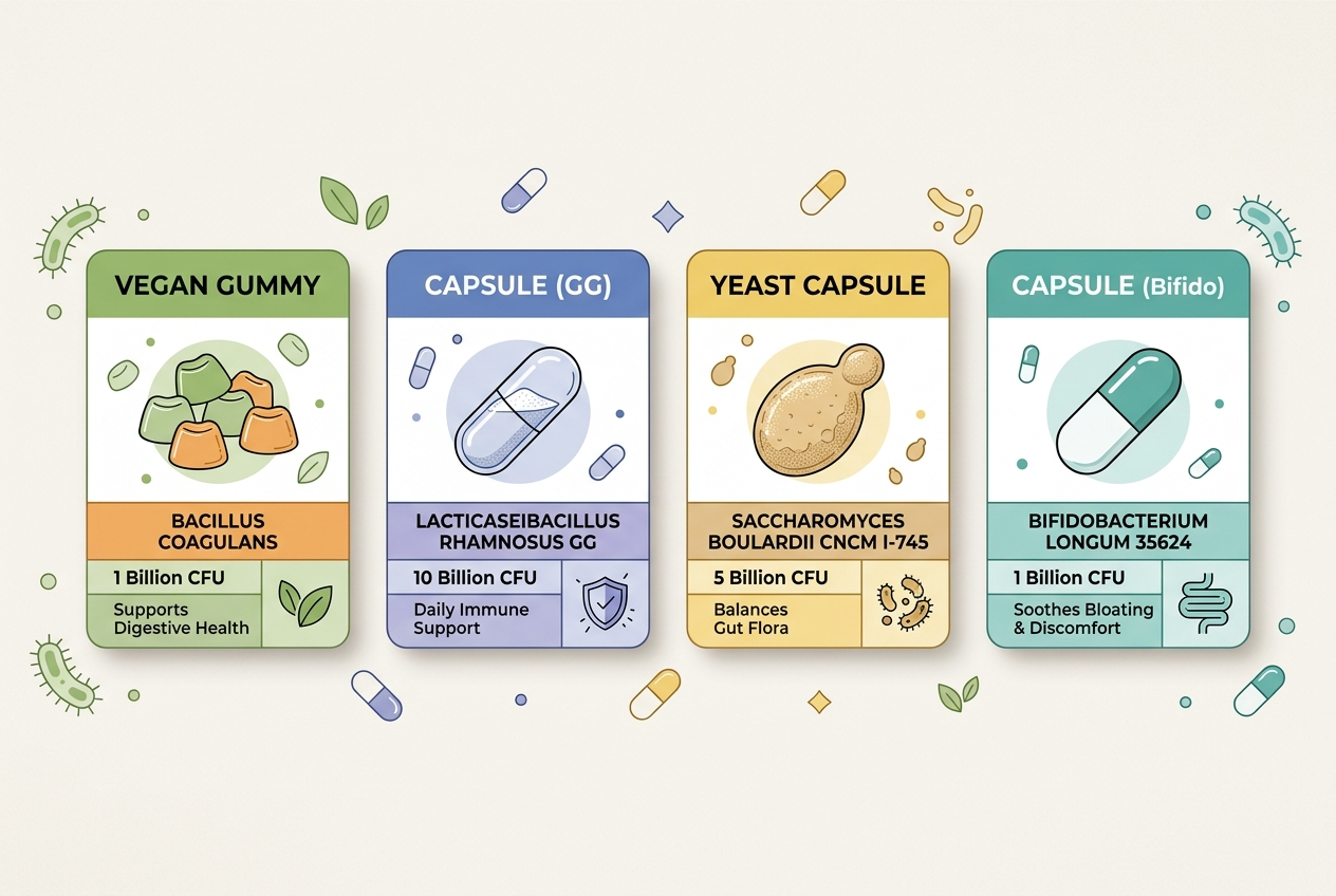 Four probiotic format cards comparing Bacillus coagulans gummies, LGG capsules, Saccharomyces boulardii yeast capsules, and Bifidobacterium 35624 capsules.