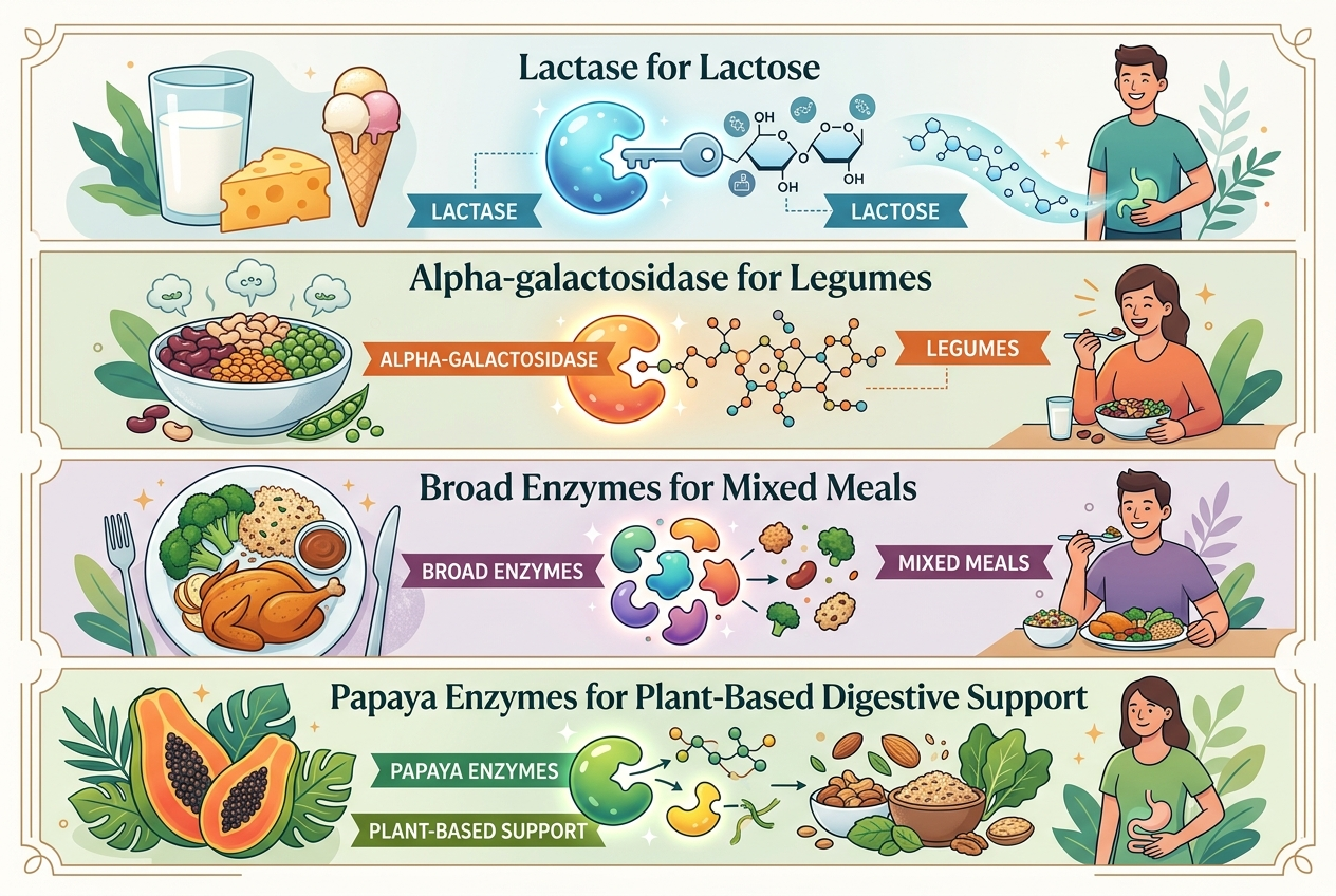 Visual guide matching lactase, alpha-galactosidase, broad enzymes, and papaya enzymes to digestive use cases.