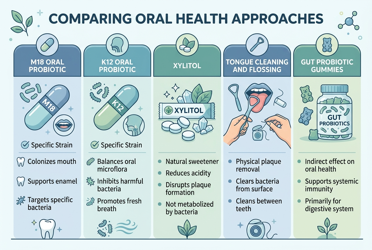 Comparison graphic showing M18, K12, xylitol, oral hygiene, and gut probiotic options for breath support.