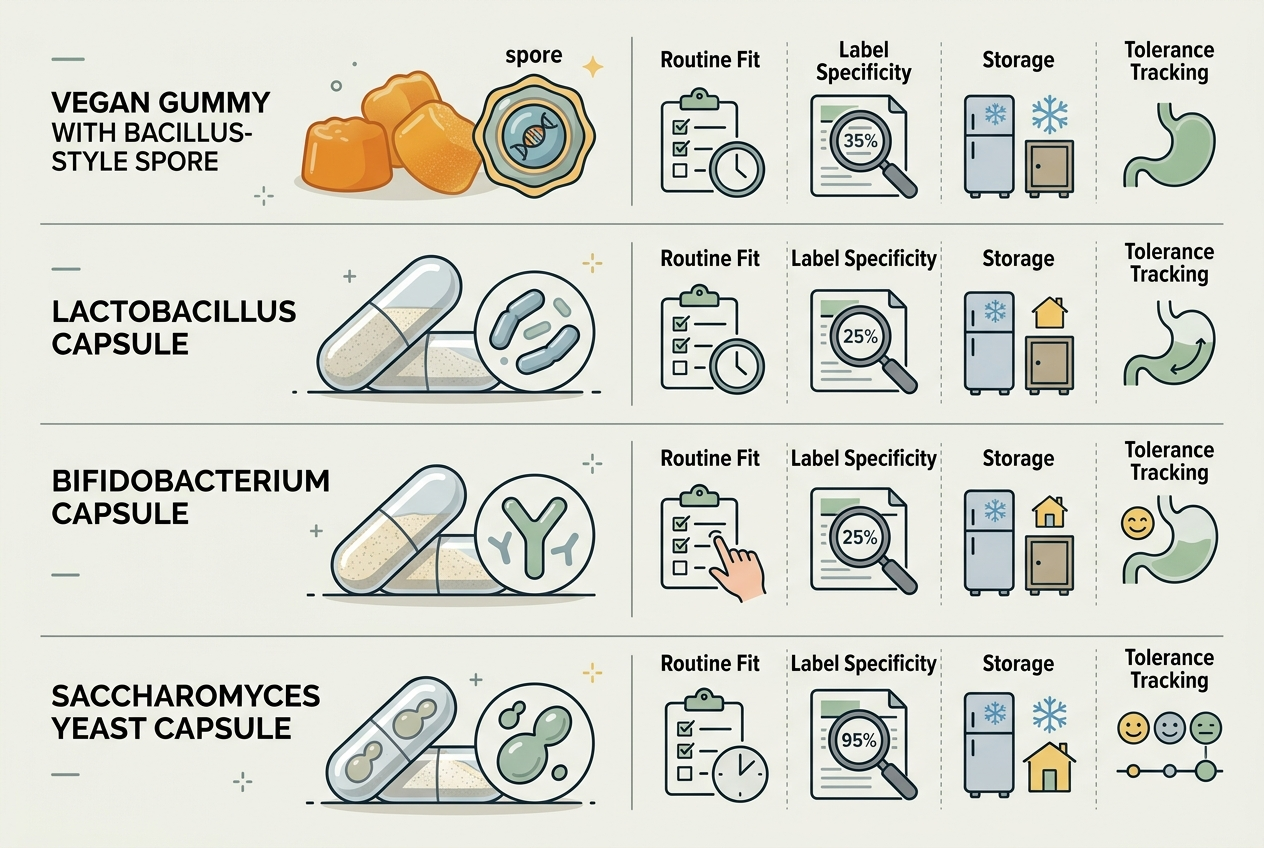 Infographic comparing probiotic gummy, Lactobacillus capsule, Bifidobacterium capsule, and probiotic yeast formats.