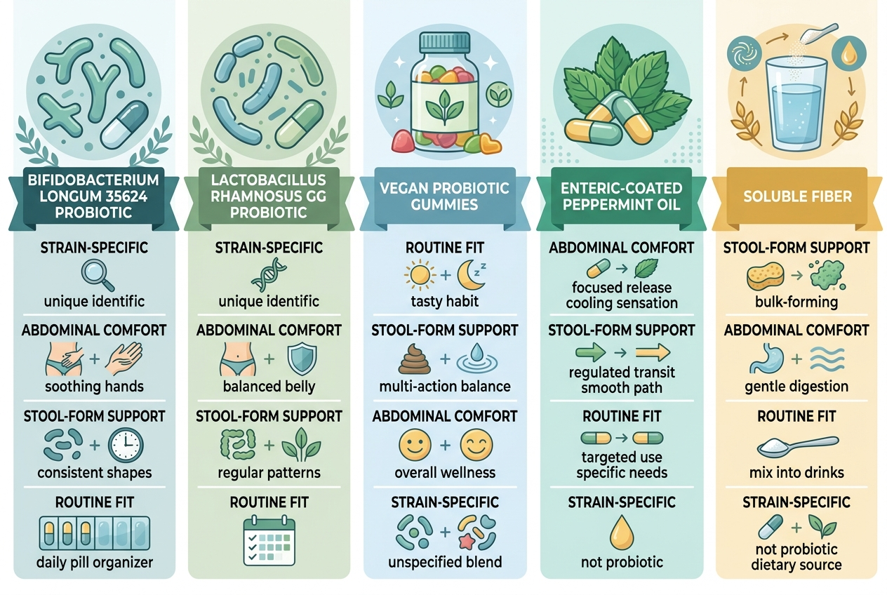 Decision board comparing probiotics, peppermint oil, probiotic gummies, and soluble fiber by digestive comfort use case.