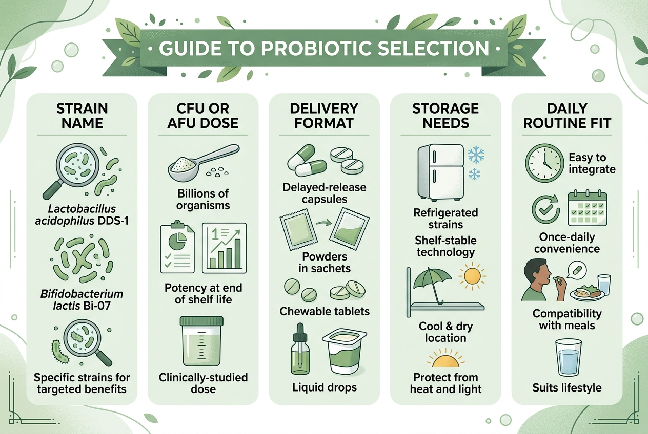 Visual guide to choosing a probiotic by strain, dose, format, storage needs, and daily routine fit.
