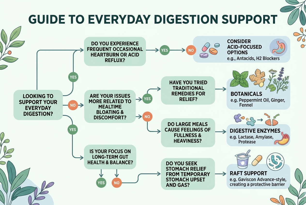 Decision tree showing when ACV, betaine HCl, alginate, DGL, enzymes, or probiotics may fit digestion support goals.