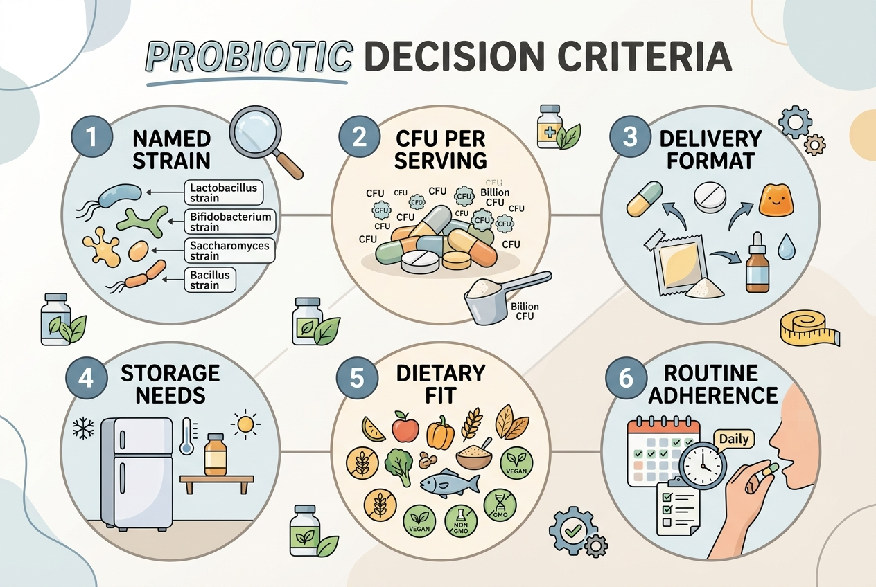 Visual guide to probiotic buying criteria including strain, CFU, format, storage, and dietary fit.