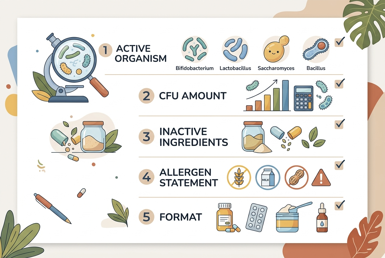 Label-reading checklist for comparing probiotic strains, CFU amounts, inactive ingredients, and allergen statements.
