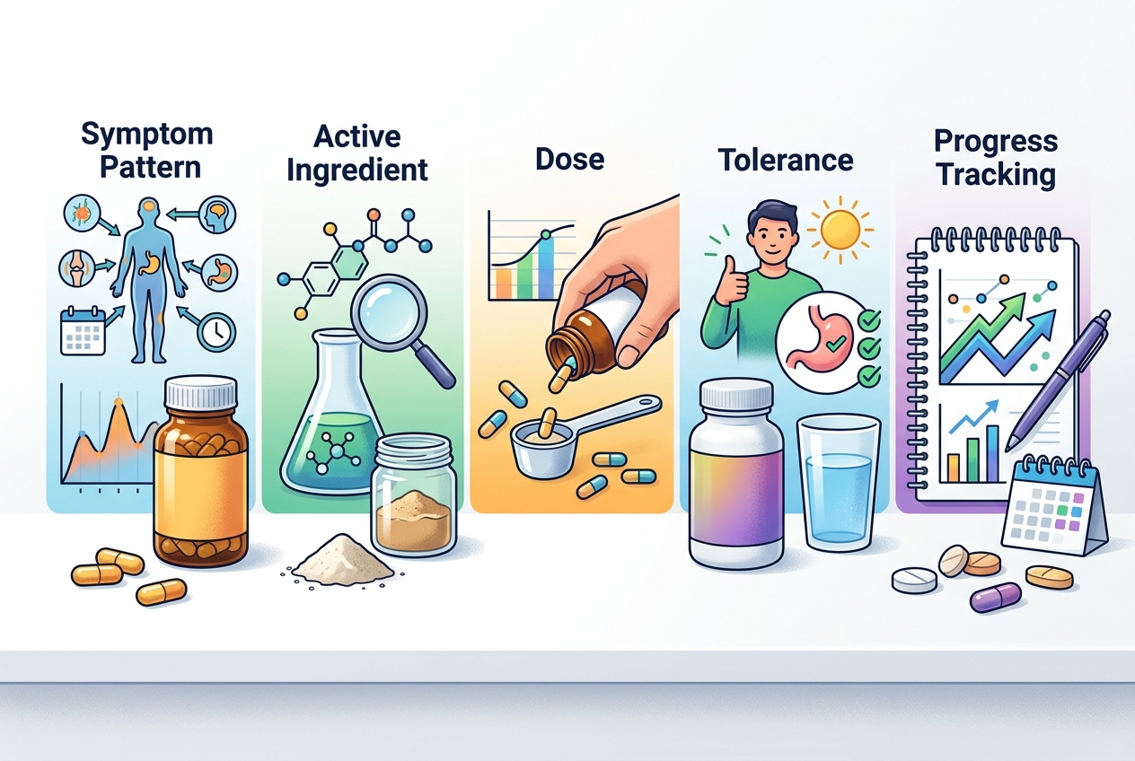 Five decision points for choosing a bloating supplement: pattern, ingredient, dose, tolerance, and tracking.
