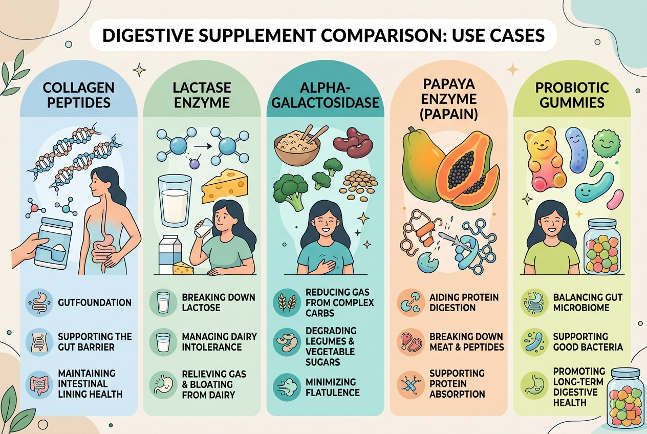 Infographic comparing collagen peptides and digestive enzyme options by use case