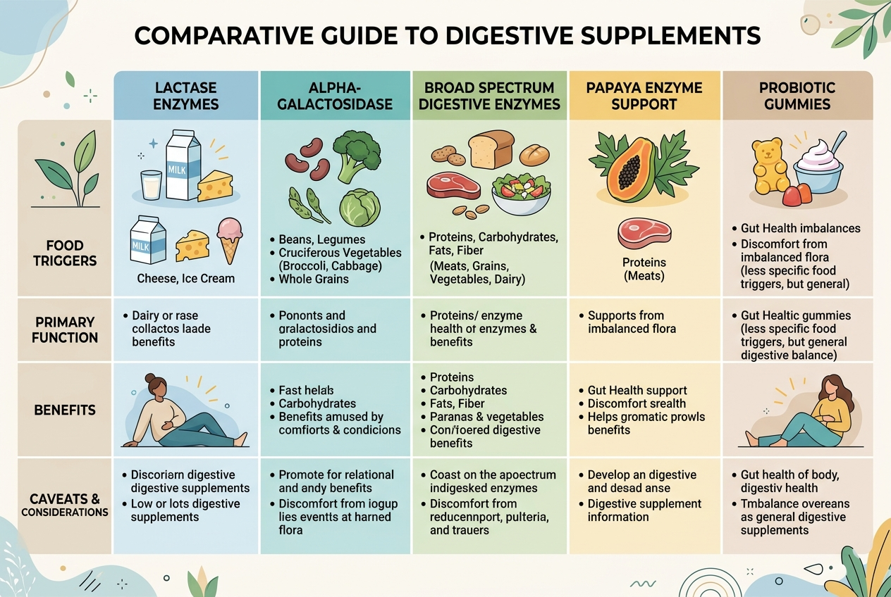Infographic comparing digestive enzyme options for dairy, beans, mixed meals, and daily support