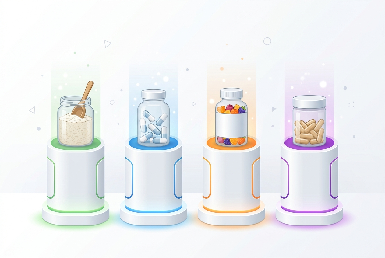 Visual comparison of prebiotic fiber, probiotic capsules, probiotic gummies, and yeast-based probiotic options.