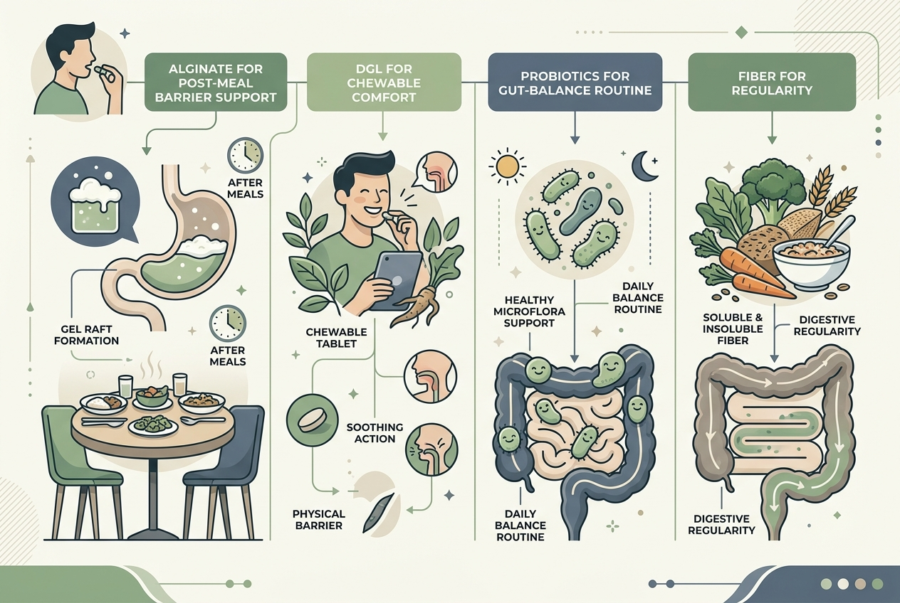 Infographic comparing alginate, DGL licorice, probiotic routines, and fiber routines by best use case after starting pantoprazole.