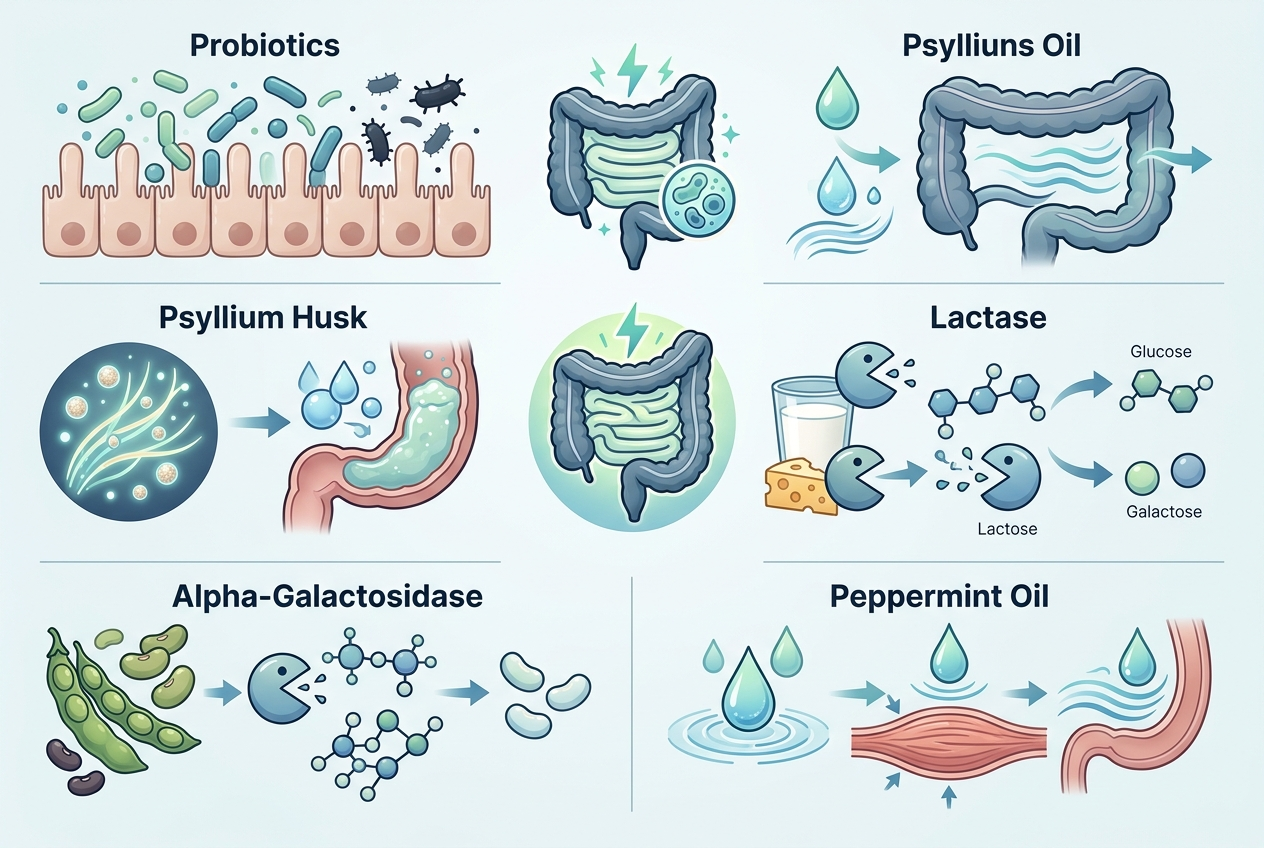 Infographic comparing probiotics, fiber, digestive enzymes, and peppermint oil by digestive use case