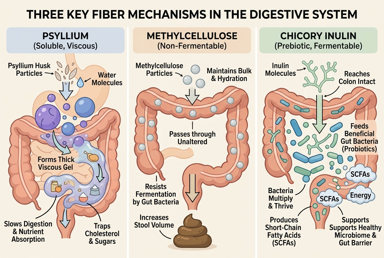 Simple infographic comparing psyllium gel formation, methylcellulose bulk, and chicory inulin prebiotic fermentation