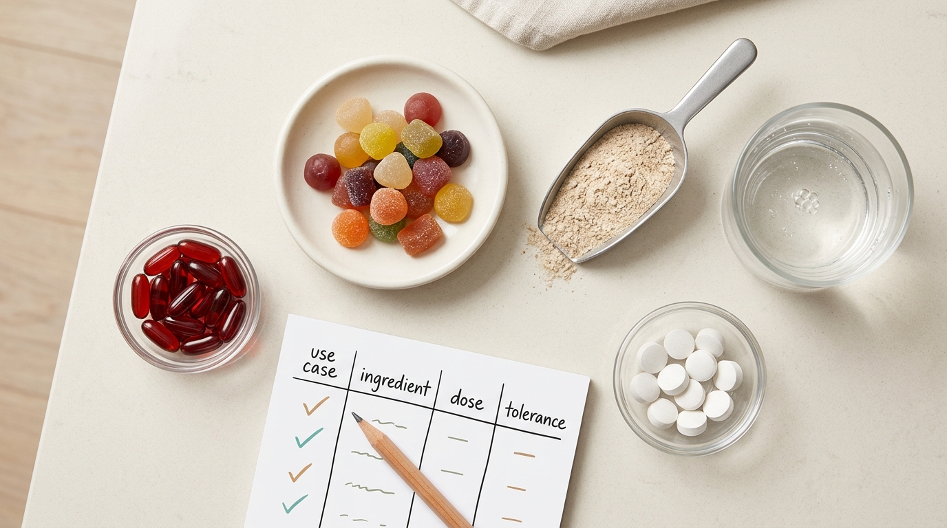 Gut health supplement comparison with probiotic gummies, fiber powder, enzyme tablets, peppermint oil capsules, and an evaluation checklist.