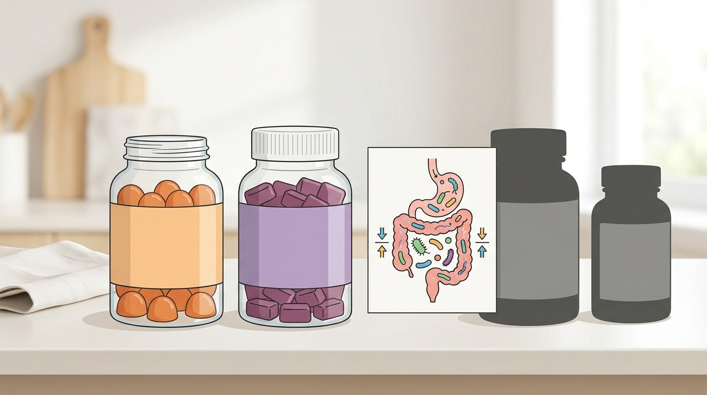 Probiotic and prebiotic supplement formats compared for a daily gut health routine.
